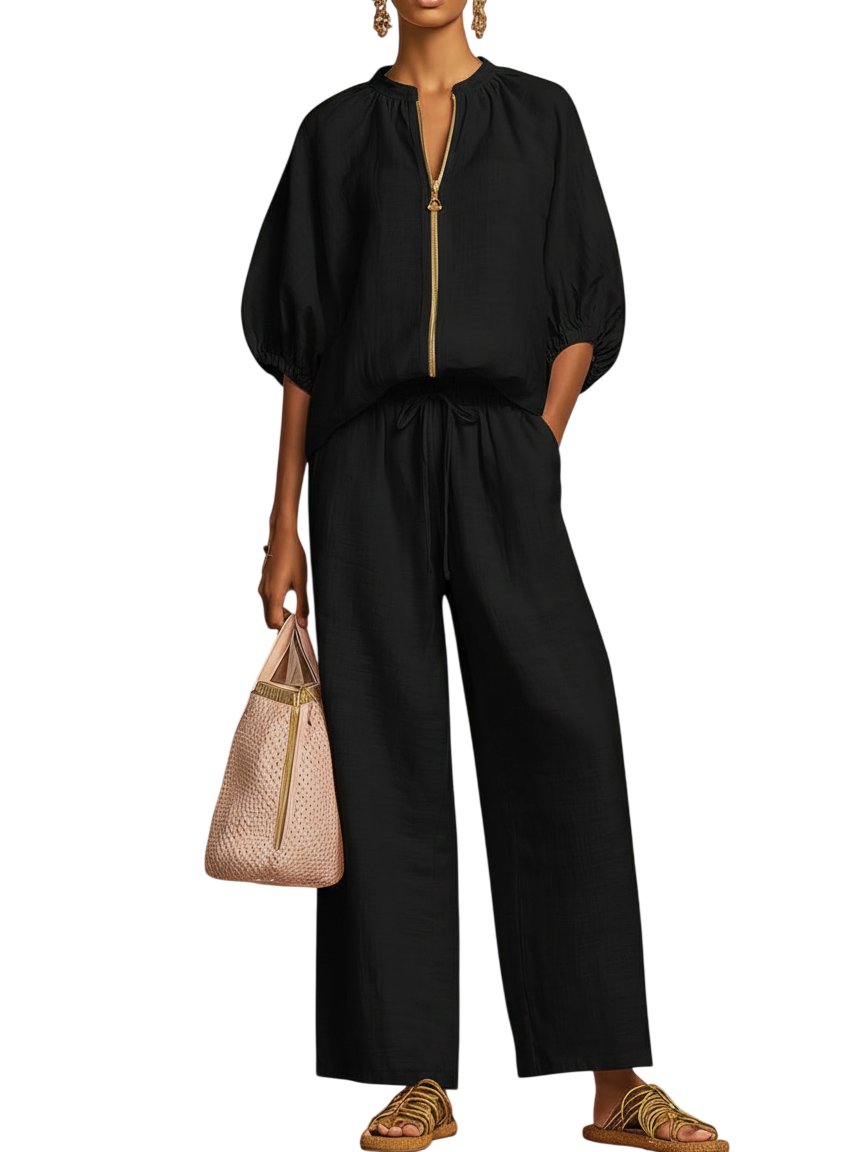 Stylish Cozy Shirt Wide-Leg Pants Linen Cotton Two-Piece Set