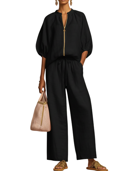 Stylish Cozy Shirt Wide-Leg Pants Linen Cotton Two-Piece Set
