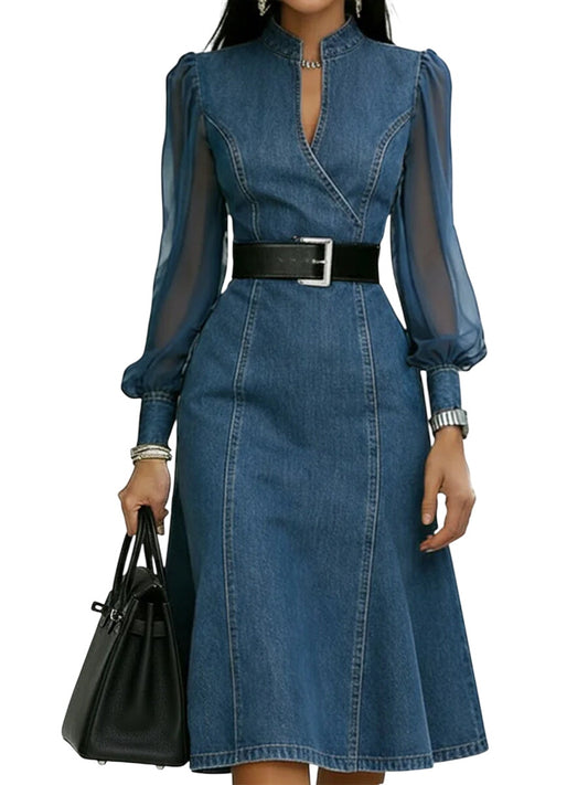 Stylish Denim Dress With Organza Sleeve Panels
