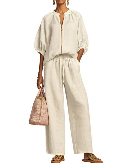 Stylish Cozy Shirt Wide-Leg Pants Linen Cotton Two-Piece Set