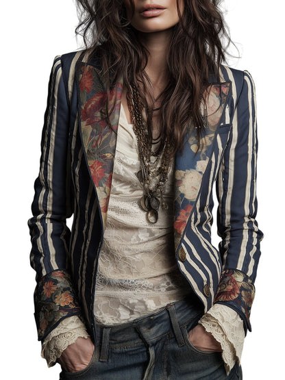 Artistic Floral Striped Blazer