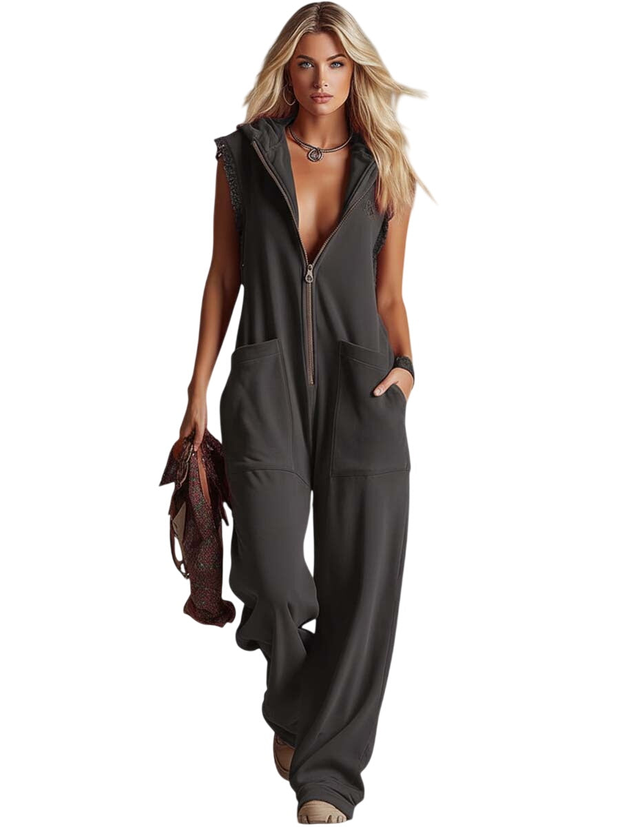 Sporty Hooded V-Neck Jumpsuit with Zipper
