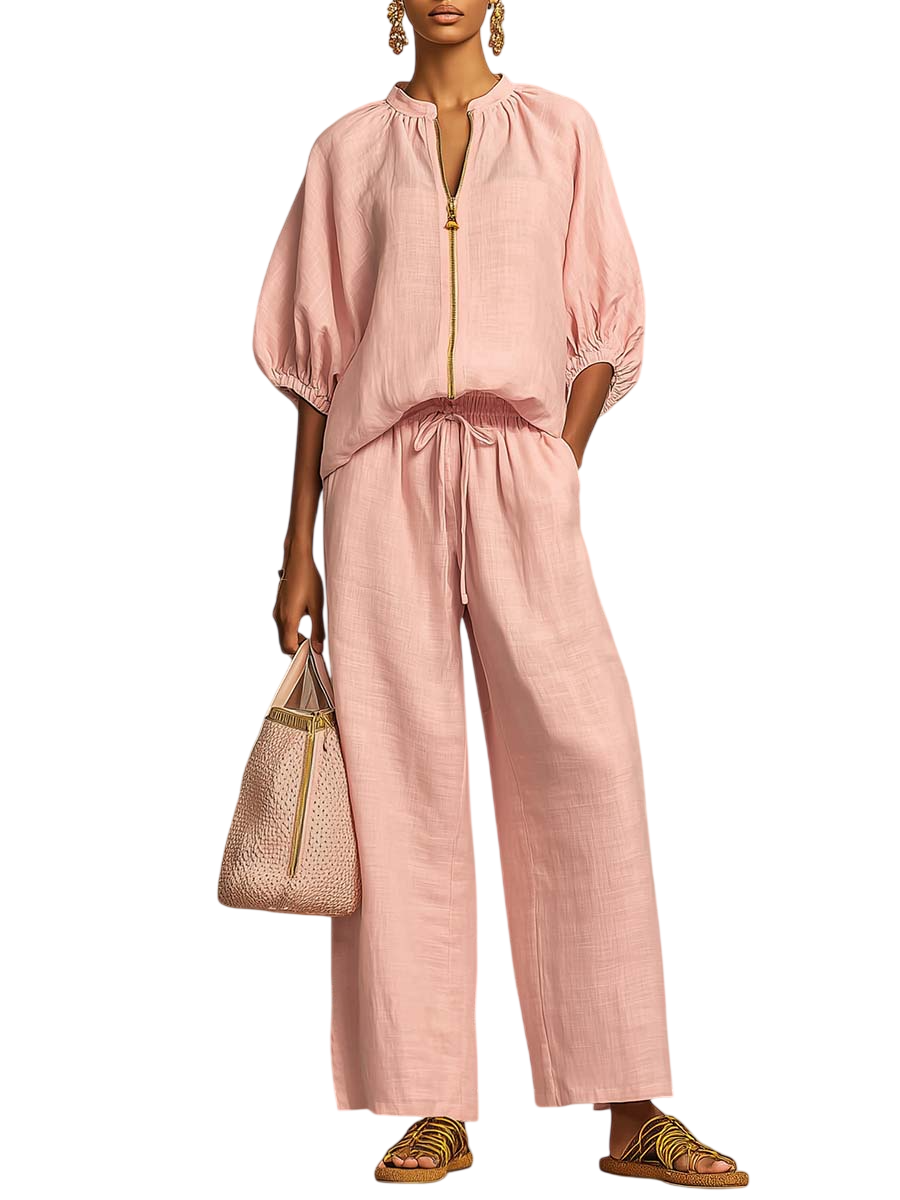 Stylish Cozy Shirt Wide-Leg Pants Linen Cotton Two-Piece Set
