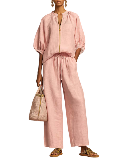 Stylish Cozy Shirt Wide-Leg Pants Linen Cotton Two-Piece Set