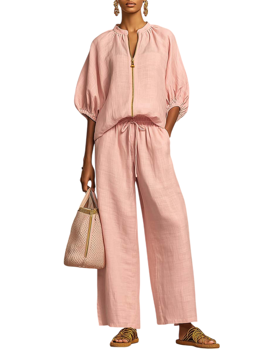 Stylish Cozy Shirt Wide-Leg Pants Linen Cotton Two-Piece Set