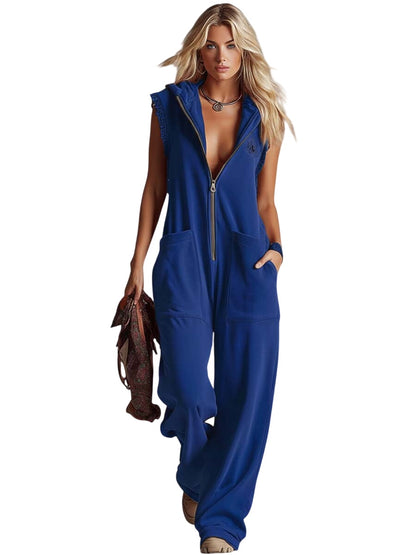 Sporty Hooded V-Neck Jumpsuit with Zipper