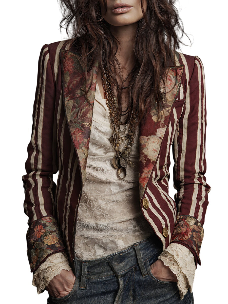 Artistic Floral Striped Blazer