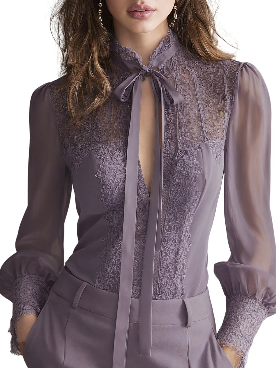 Chic Retro Elegant Lace Tie Neck Chiffon Blouse