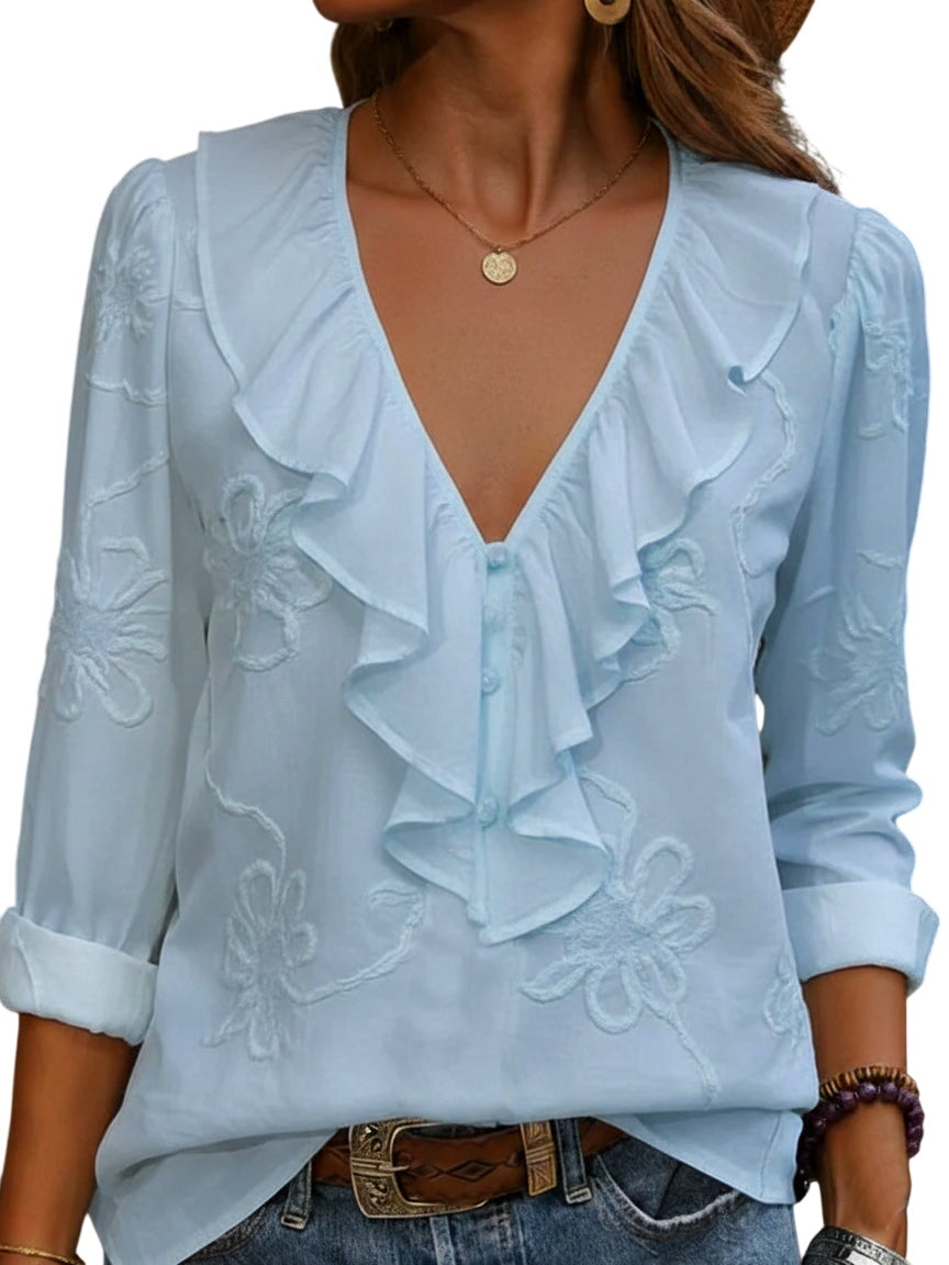 Vintage ruffled V-neck shirt with embroidered flowers