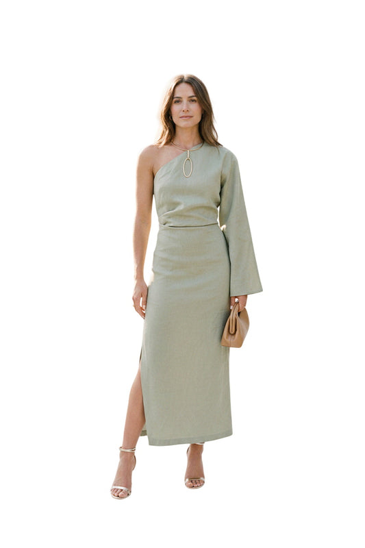 Draped One-Shoulder Linen Maxi Dress