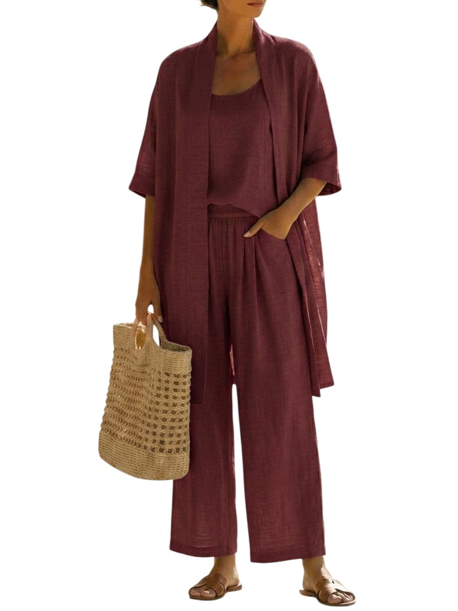 Minimalist Linen-cotton Three-piece Set - Comfortable For Everyday Wear