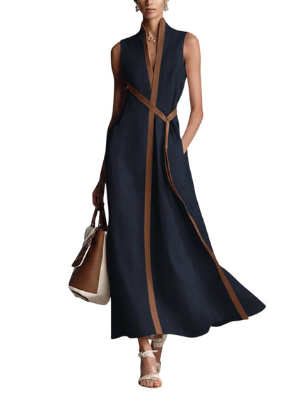 Women’s Stand-Up Collar Sleeveless Casual Loose Cotton and Linen Dress